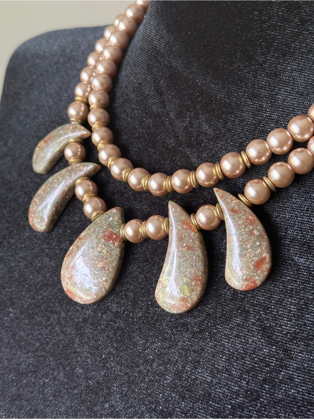 Handcrafted Taupe Pearl Statement Necklace with Stone Teardrops